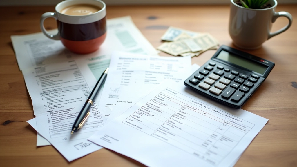 Účtenka s položkami nákladů na bydlení, kalkulačka a tužka na stole