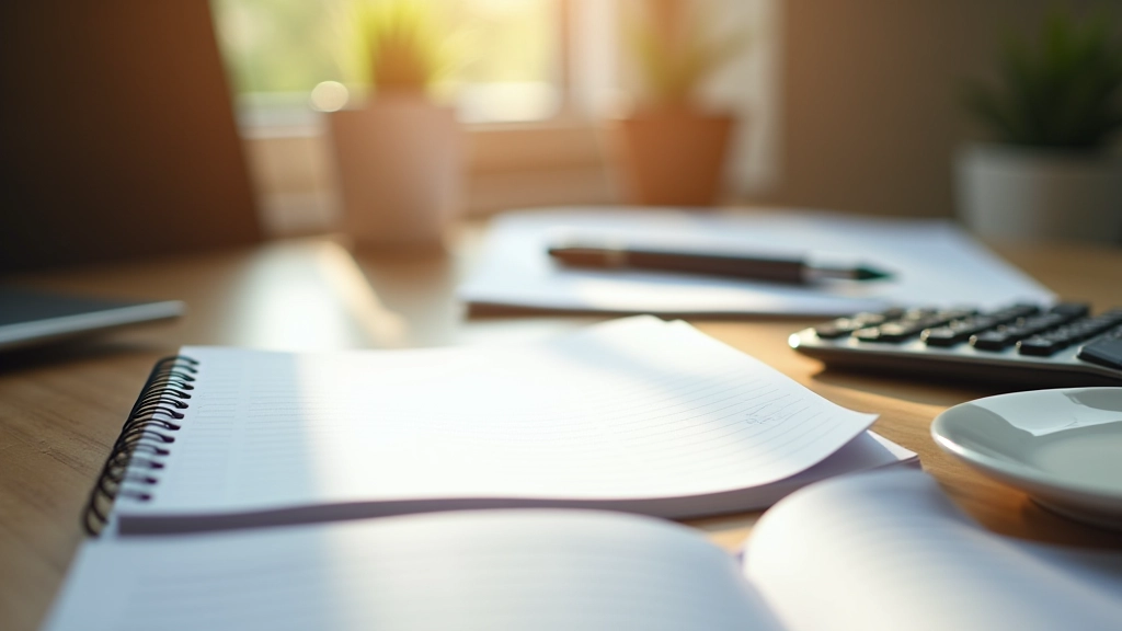 Notebook s rozpočtem, tužka a kalkulačka na psacím stole