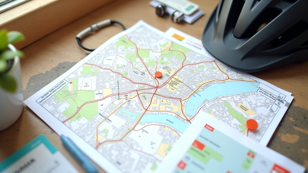 Mapa města s vyznačenými trasami MHD, cena lístku a kolo na pozadí