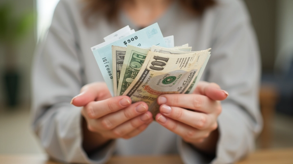 Ruce drží papírové bankovky a mince, domácí pozadí, přirozené denní světlo