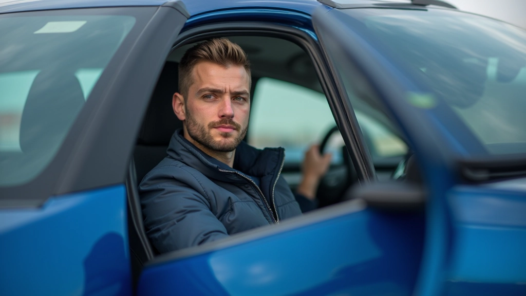 Řidič usedající do modré Škody s otevřenými dveřmi, parkování u panelového domu, denní světlo