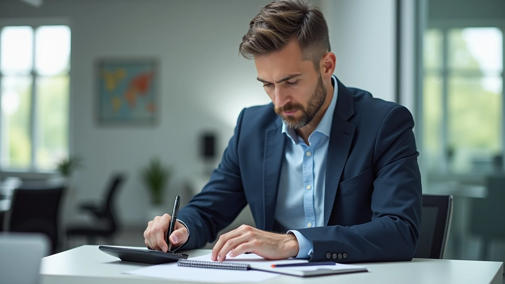 Petr Novotný pracuje v moderní kanceláři, sedí u stolu s poznámkami o finančním plánování