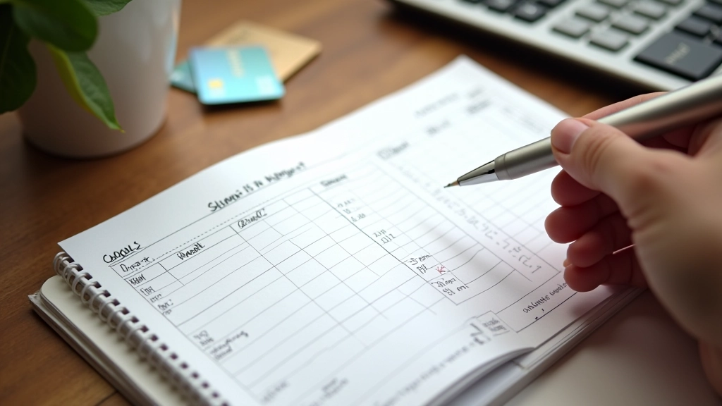 Notebook s rozpočtem vedle kalkulačky a bankovních karet na dřevěném stole