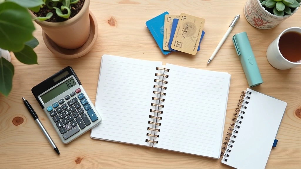 Kalkulačka a bankovní karty na stole vedle poznámkového bloku s rozpočtem