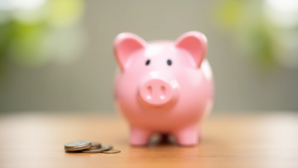 Růžová pokladnička na dřevěném stole s mincemi, která reprezentuje spořění a tvorbu rezervy