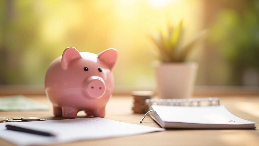 Růžová pokladnička ve tvaru prasátka na hnědém stole s bankovkami a mincemi