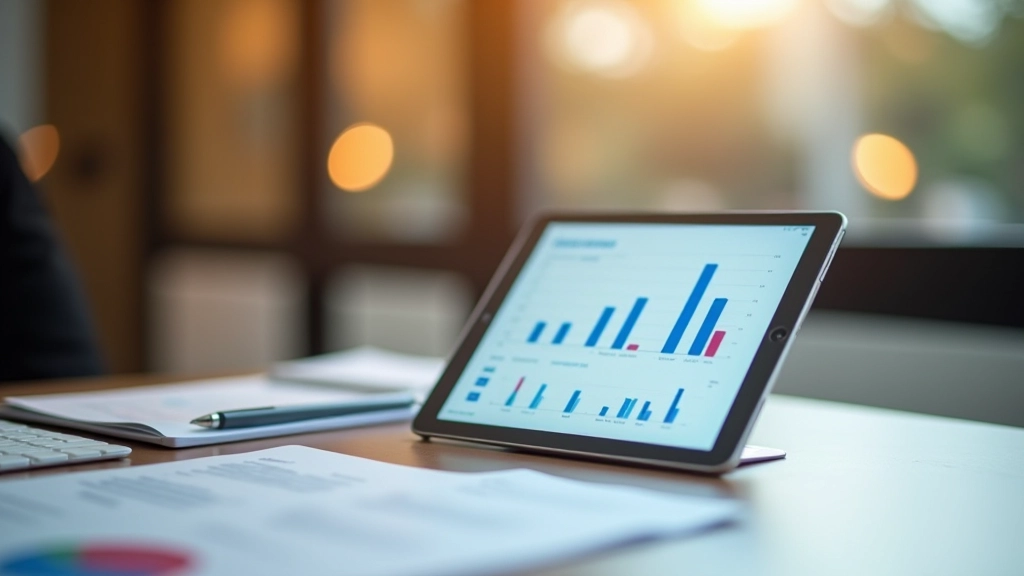 Grafický tablet s finančními údaji na stole, oranžové barvy, moderní prostředí