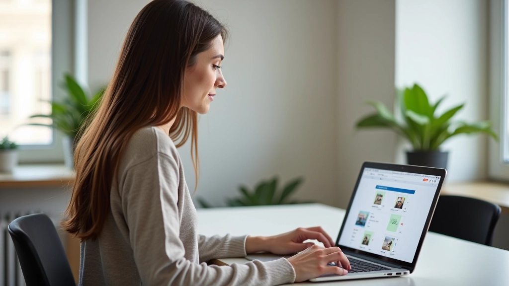 Mladá žena sedí u počítače a prohlíží si nabídky bytů na portálu