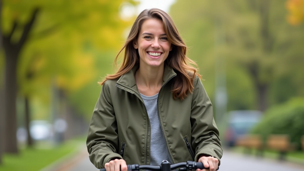 Žena s kola, přední terč s taškou na řídítku, park v pozadí, letní den